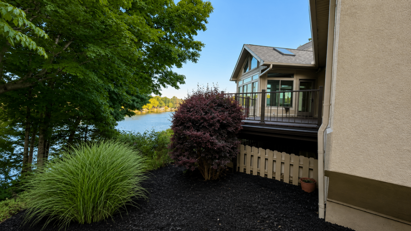 Lakeside home with ornamental grasses, Japanese maple, and mulch bed