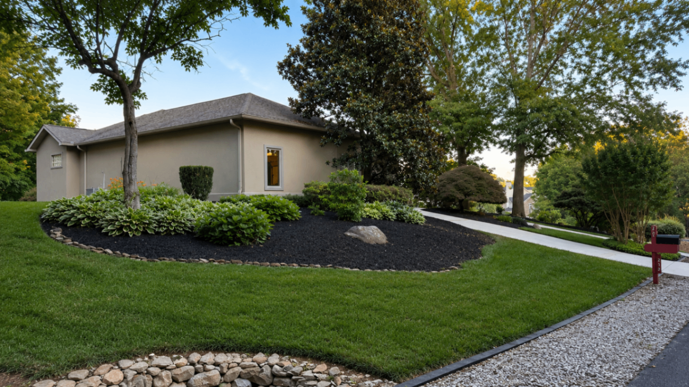Stone-bordered mulch island with hostas and manicured lawn