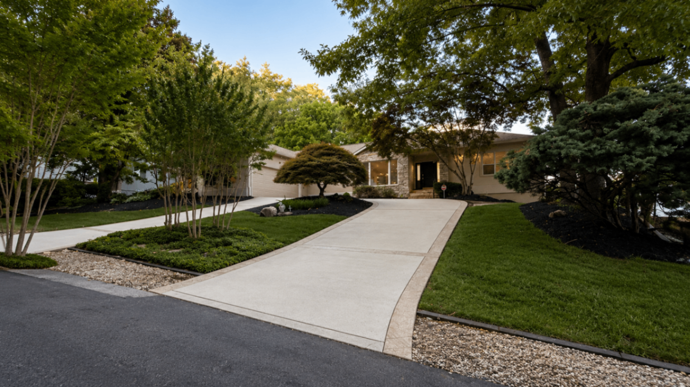 Curved concrete driveway and walkway with layered ornamental trees