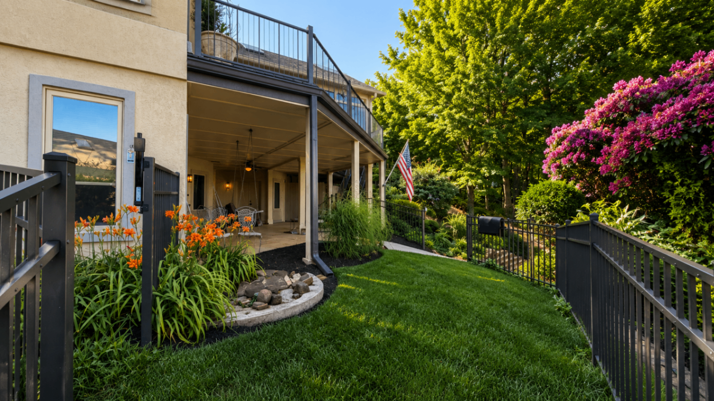 Backyard lawn with lily plantings, patio, and manicured turf