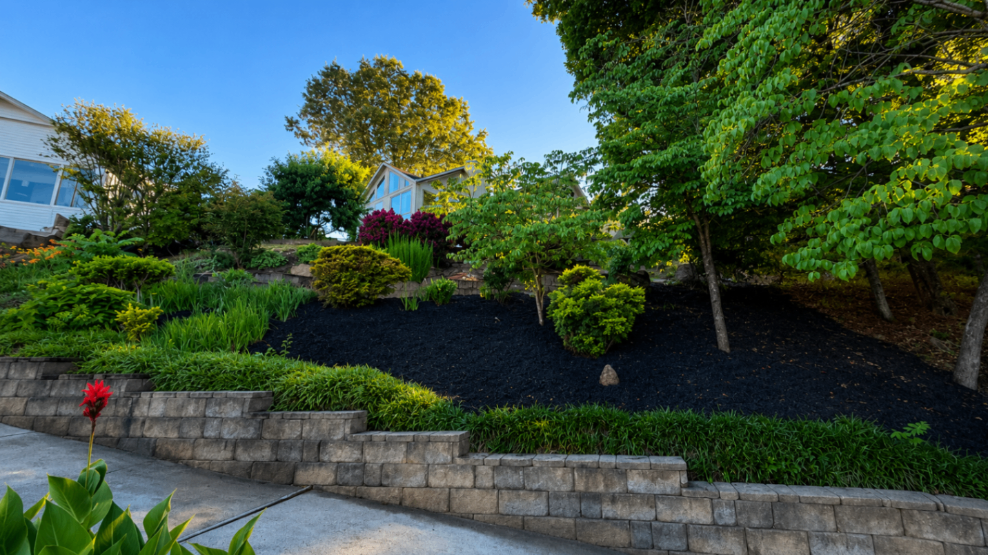 Fresh black mulch beds with layered shrubs and stone retaining wall