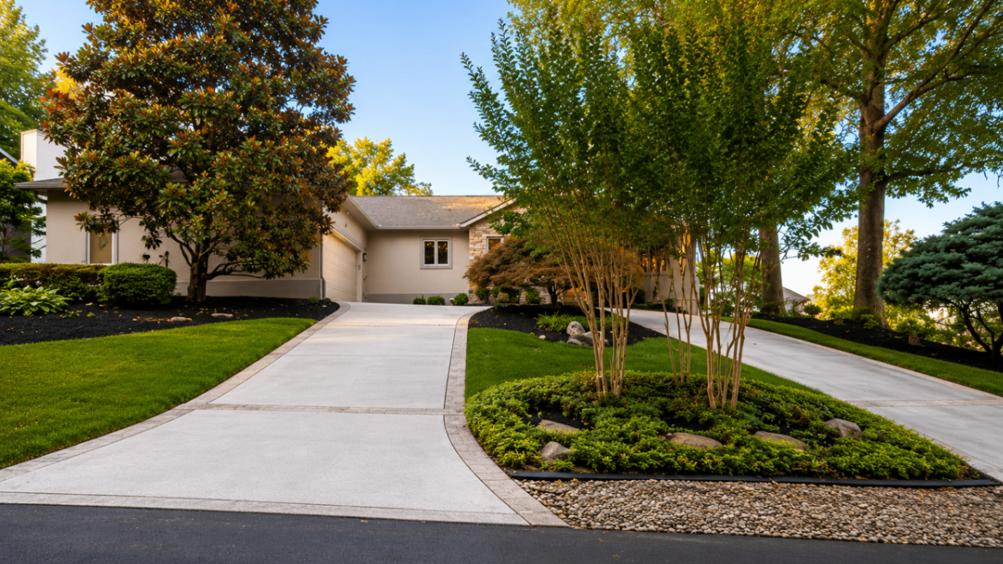 Driveway island with crape myrtles, boulders, and pea-gravel border