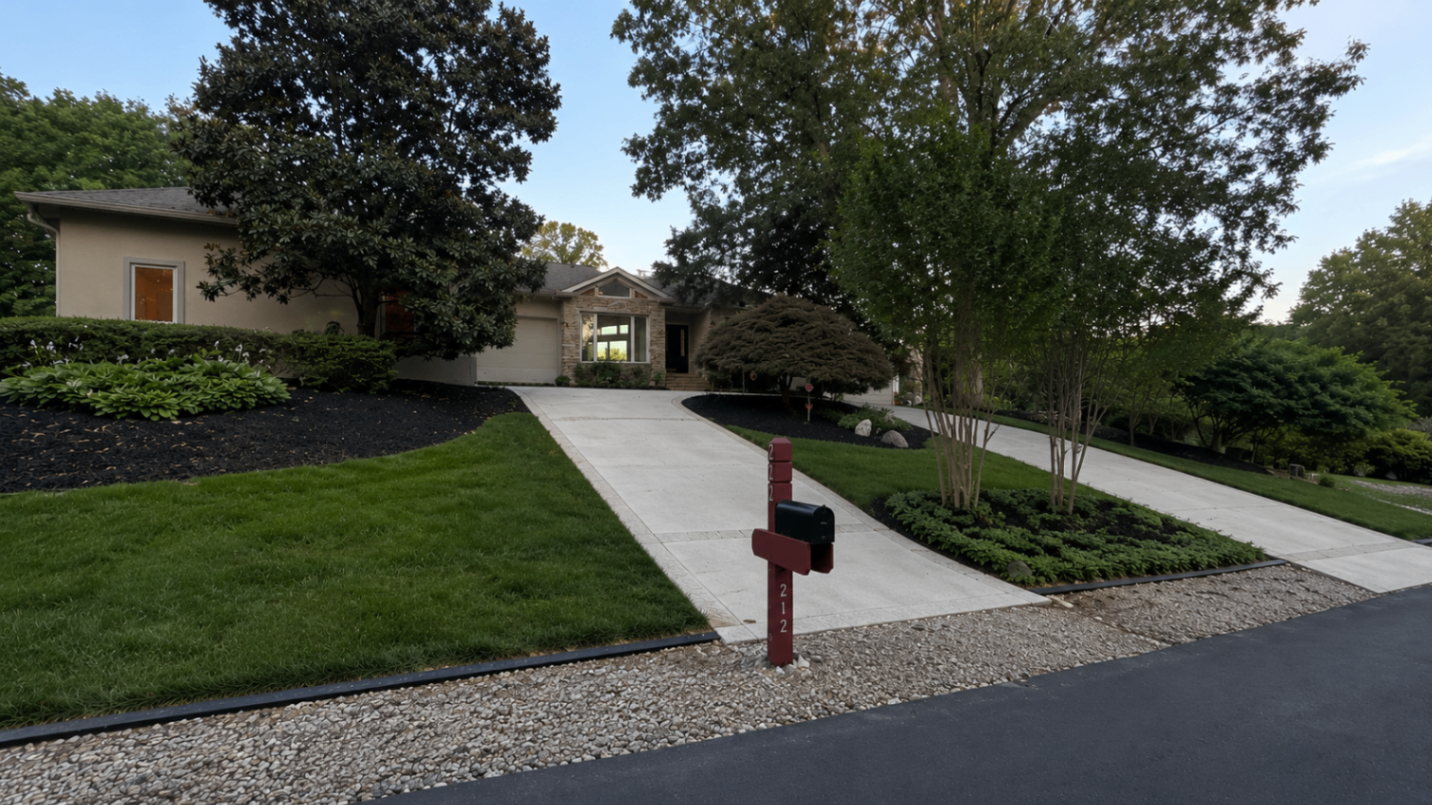 Front entrance with red mailbox, magnolia, and shaped shrubs